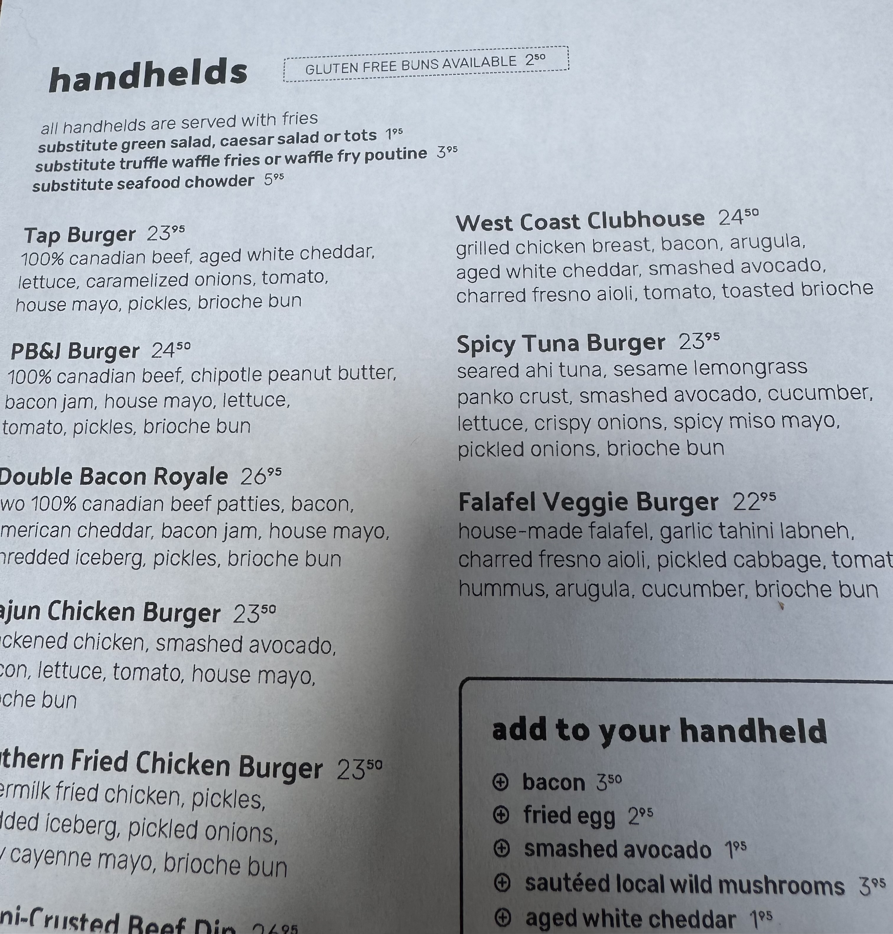 Tap & Barrel original menu