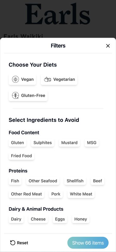 Phone screen of a Honeycomb digital menu with allergen and diet filters for Earls Waikiki.