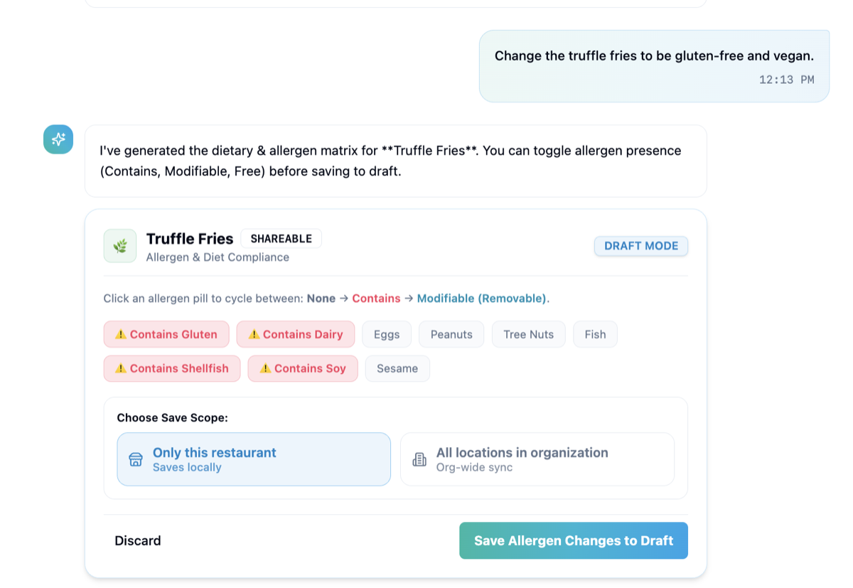 Sous chat showing a request to make the truffle fries gluten-free and vegan, with an allergen review card and a Save to Draft button.